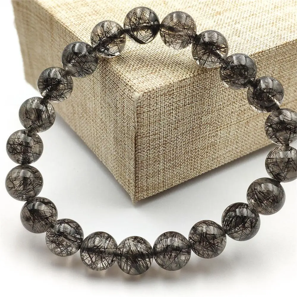 

Newly Natural Black Rutilated Quartz Crystal Bracelet 9mm Women Men Clear Round Beads Wealthy Stone From Brazil AAAAA