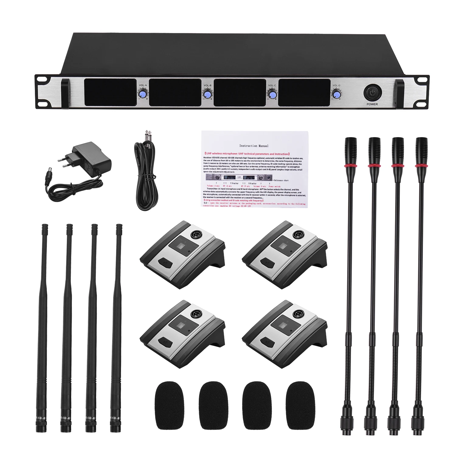 

New Professional Wireless Microphone System 4-Channel UHF Cordless Mic Set 4 Mics with Bodypack Transmitter and Receiver Tools