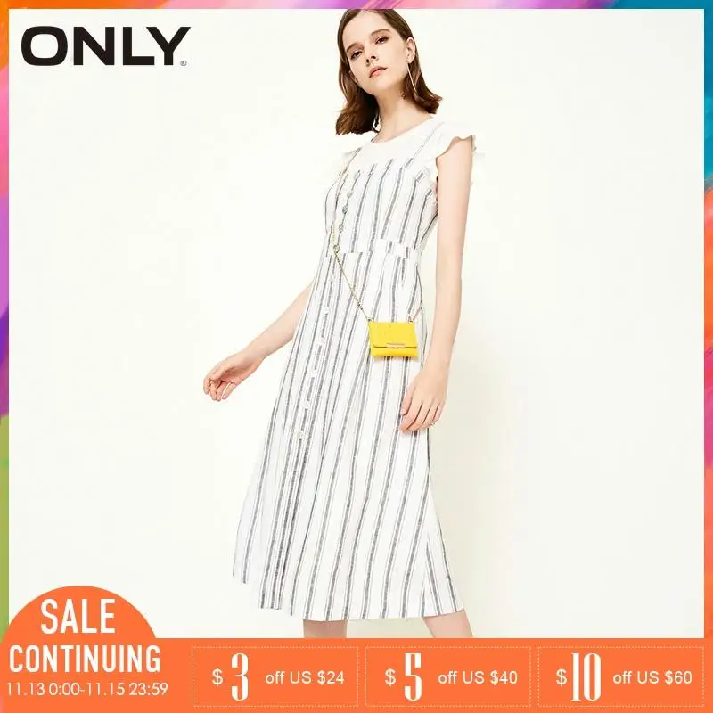 ONLY 2019 весна лето платье женское Повседневное белое Платье льняное Полосатое из