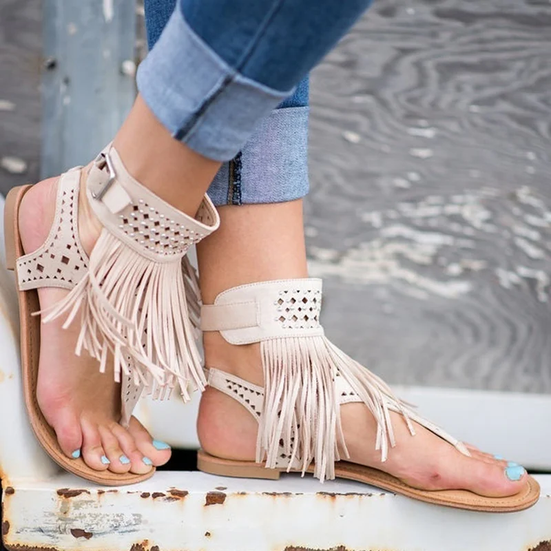 

2019 Woman Shoes Summer Bohemia Flat Sandals Tassel Beach Woman Flip Flop Vintage Beach Women Shoes Low Heel Lady Shoes Footwear