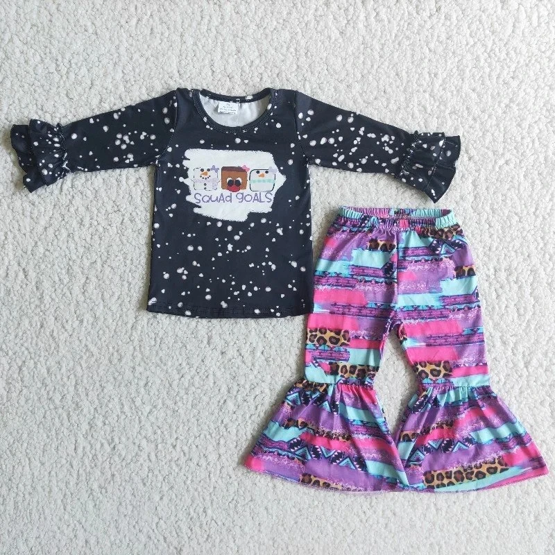 

Wholesale Toddler Fashion boutique Kids Outfits Baby Girls Clothes Black Ruffle Sleeves Tie Dye Leopard Bells Pants Children Set