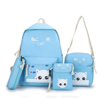 

4PCS A Set Backpack Japan Korean Fashion Cartoon Cute Cat Bag Small Print Preppy Style Student School Backpacks For Teenage Girl