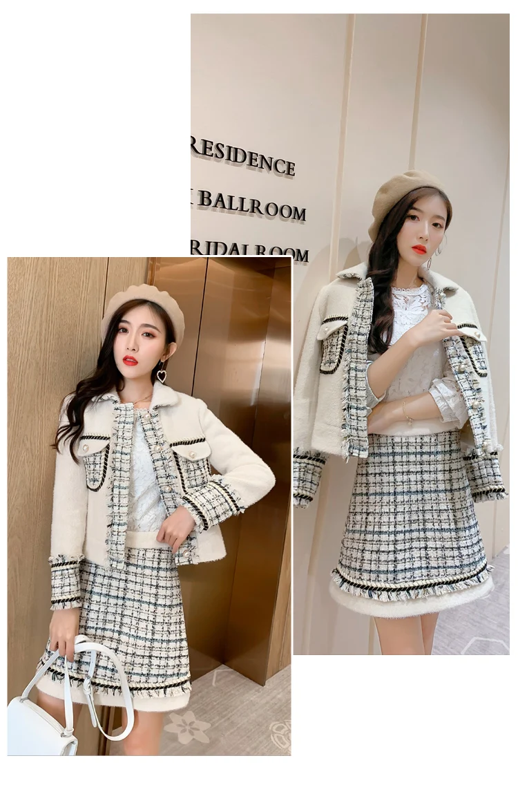 Клетчатый твидовый зимний женский комплект из 2 предметов,, высокое качество, подиумная Роскошная Лоскутная теплая жемчужная куртка, пальто+ мини-юбка, костюмы