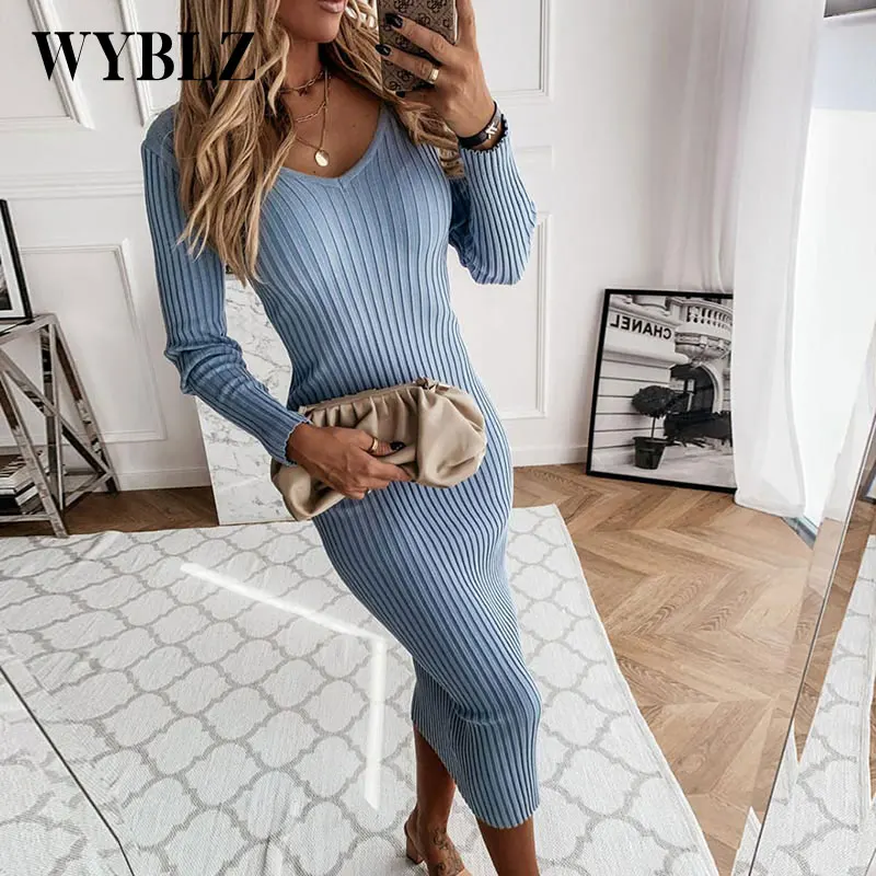 

WYBLZ Women's Knitted Sweater Dress Sexy Elastic Slim V Neck Dresses Casual Holiday Streetwear Autumn Sweater Female Clothing