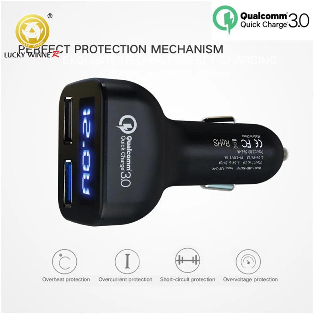 2 USB быстрое автомобильное зарядное устройство Quick Charge 3,0 Автомобильное зарядное устройство адаптер Автомобильное зарядное устройство для мобильного телефона+ Автомобильное напряжение раннее предупреждение