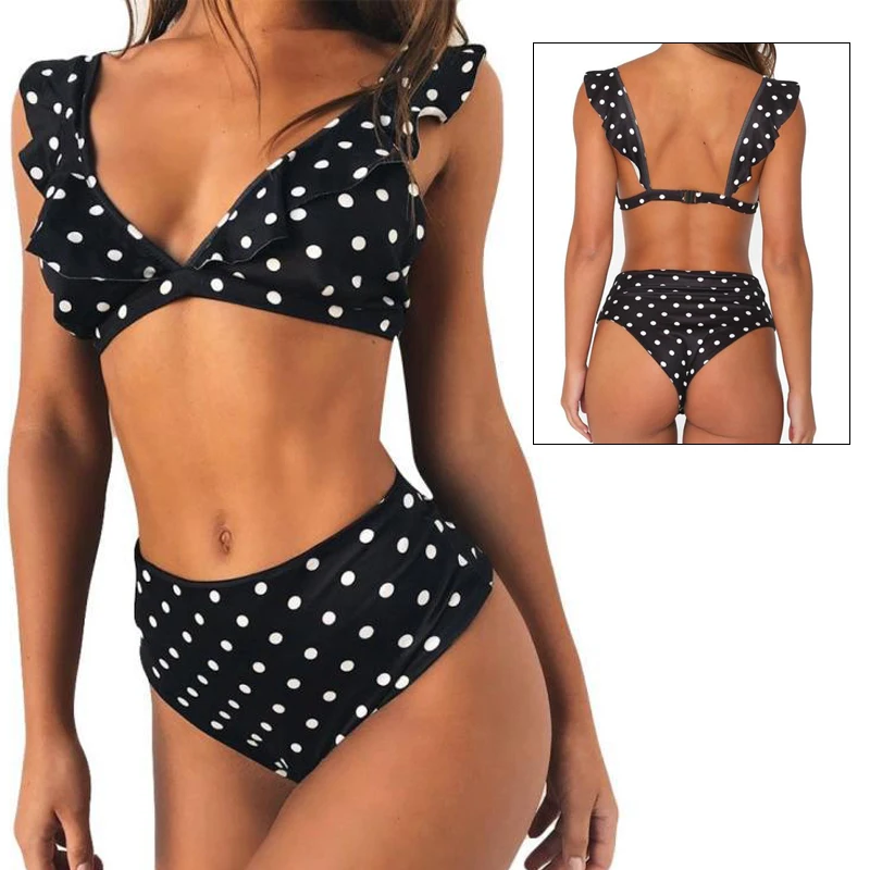Сексуальный пляжный купальник с высоким разрезом, пляжная одежда для женщин и девушек, купальник из полиэстера в черно-белый горошек, бикини с оборками