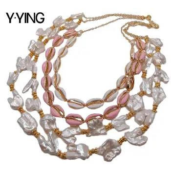 

Y·YING 19" 4 Strands Freshwater White Keshi Pearl Enamel Shell statement Necklace hyperbole style for women