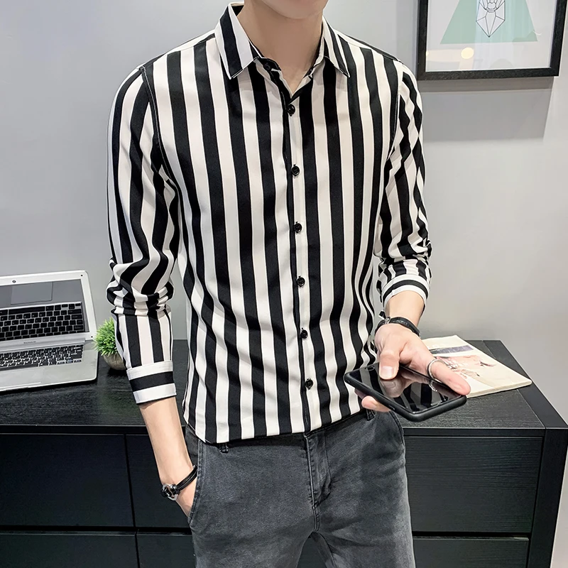 New Fashion Hot Sale spring men's casual high quality sriped fit clothes male slim korea style brand easy care shirt M-2XL | Мужская