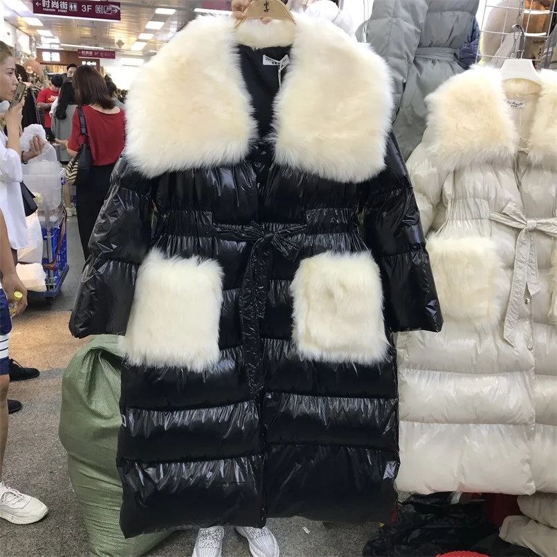 Новинка, зимний длинный пуховик из хлопка, Женская куртка с большим меховым воротником, с карманами, хлопковая стеганая одежда, женское свободное плотное теплое пальто, пальто