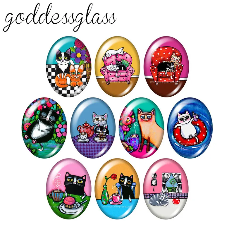 

Разноцветная картина маслом, стильная кошка, 10 шт., смешанные, 13x1, 8 мм/18x2, 5 мм/30x40 мм, Овальный фото-стекло, кабошон, демонстрация плоской задне...