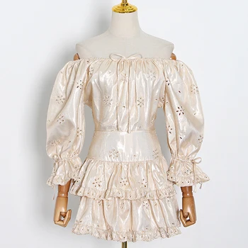 

HIGH QUALITY New 2020 Fashion Designer Runway Dress Women's Slash neck Petal Sleeve Ribbons Hollow Out Embroidery Mini Dress