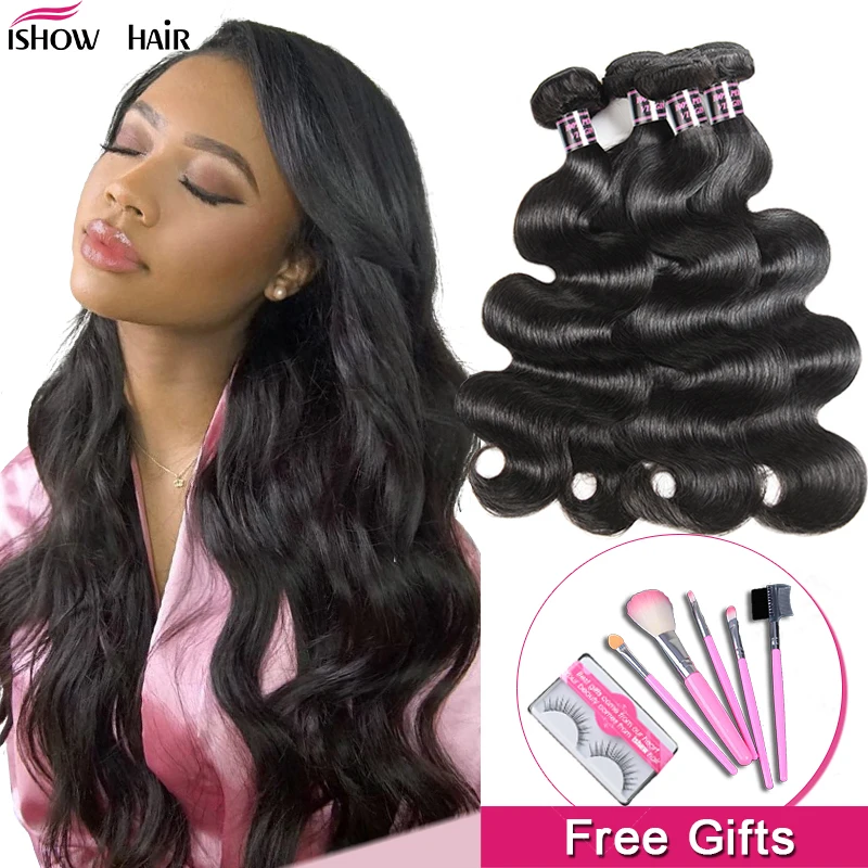 Skup 4 zestawy ciało fala brazylijski włosy wyplata wiązki Ishow 100% wiązki ludzkich włosów Deal Natural Color nie Remy doczepiane włosy promocja