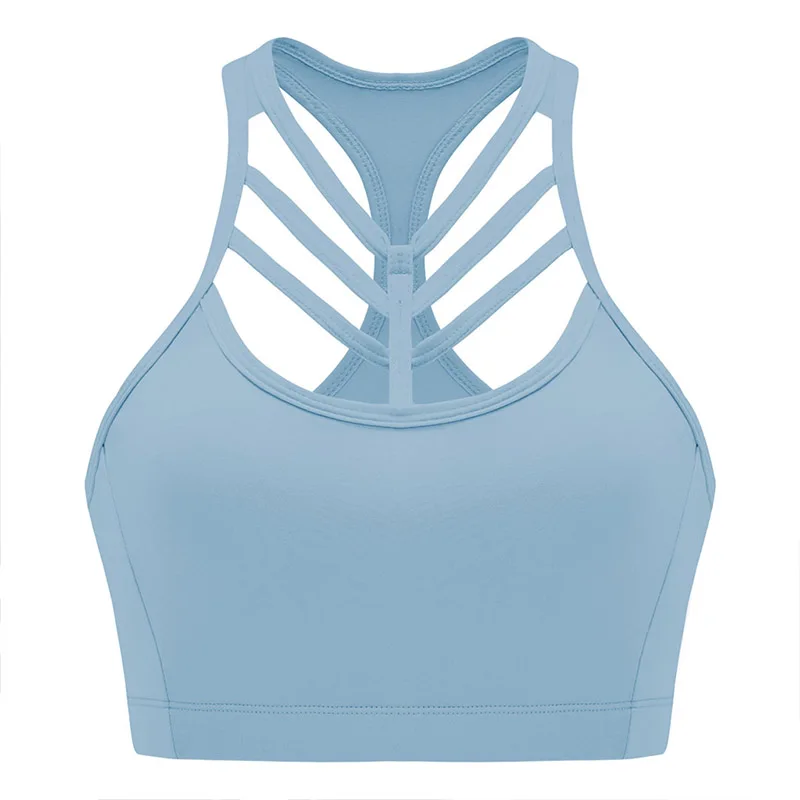 Light blue Сексуальный женский спортивный бюстгальтер с эффектом пуш-ап и открытой спиной из нейлона, Быстросохнущий укороченный жилет для фитнеса, топы для йоги, тренажерного зала, бега, тренировок, Femme - Цвет: Light blue