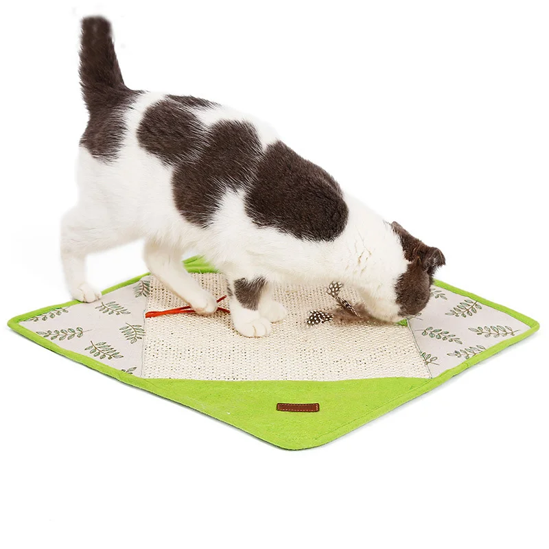 Sisal Cat Scratcher Mat with Ribbon Feather Toy Scratchboard Toys Claws Grinding Pet Supplies