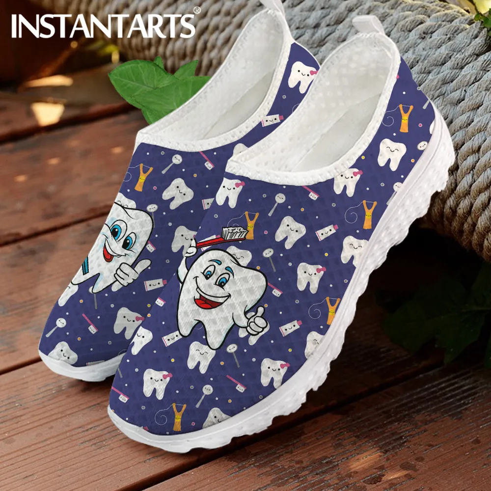 INSTANTARTS-Zapatillas planas ligeras con estampado de dibujos animados para dentista, zapatos para caminar, mocasines de malla, color púrpura