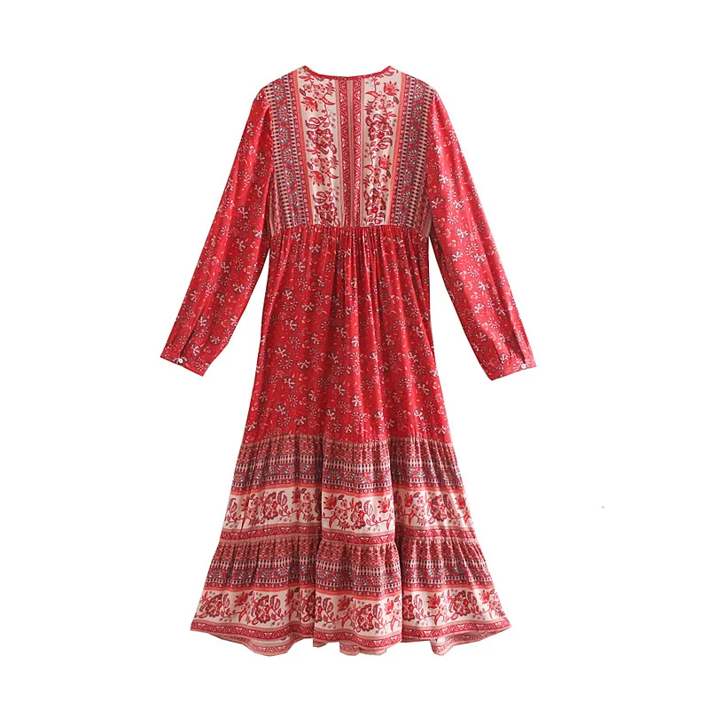 TEELYNN красное платье бохо из вискозы с цветочным принтом, длинное платье с v-образным вырезом, длинный рукав, туника с бахромой, женские платья, весна, богемные платья