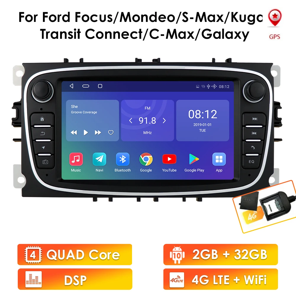 US $102.73 Android 10 Car Radio 2 Din Multimedia Player 7 Audio DVD Player for Ford Focus SMax Mondeo 20072012 Galaxy CMax GPS No Dvd