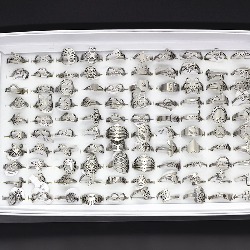 

50pcs Simple Fashion 4 Colors Flower/Heart/Crown/bowknot Hollow out Design Full Stainless steel Rings Mixed Styles Lots