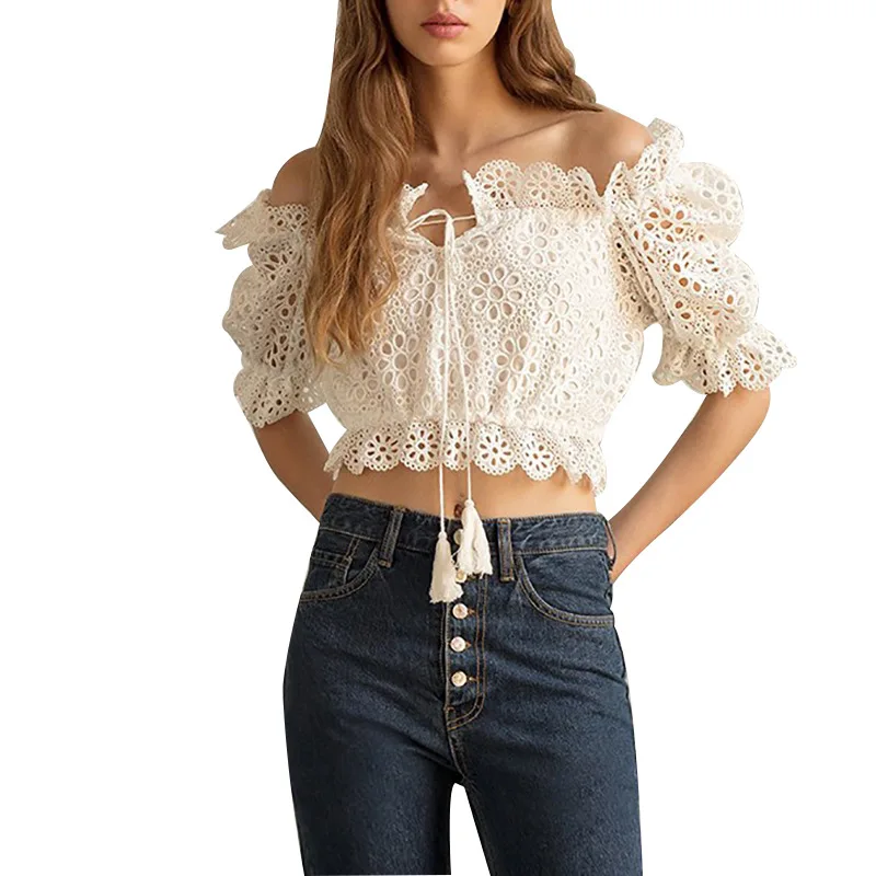 Future Time женский топ с открытыми плечами блузка Лето Кружева Blusas Половина рукава выдолбленный белая блуза Топ сексуальные топы