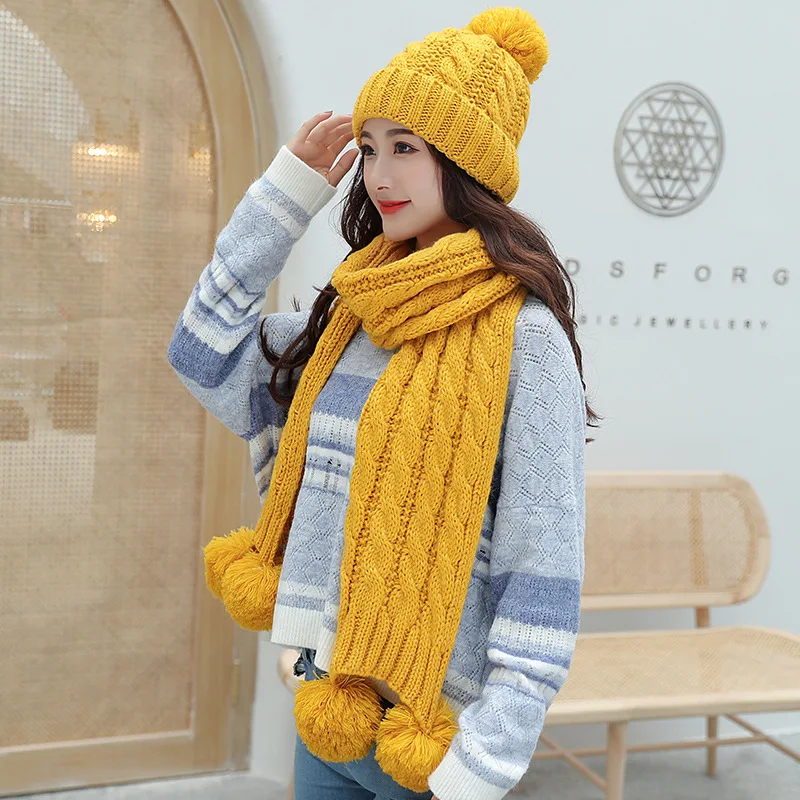 yellow Новинка, женские толстые плюшевые шапочки, шарф, женские вязаные зимние аксессуары, подарок для девушек, Осень-зима, вязаная женская шапка, шарф, набор - Цвет: yellow