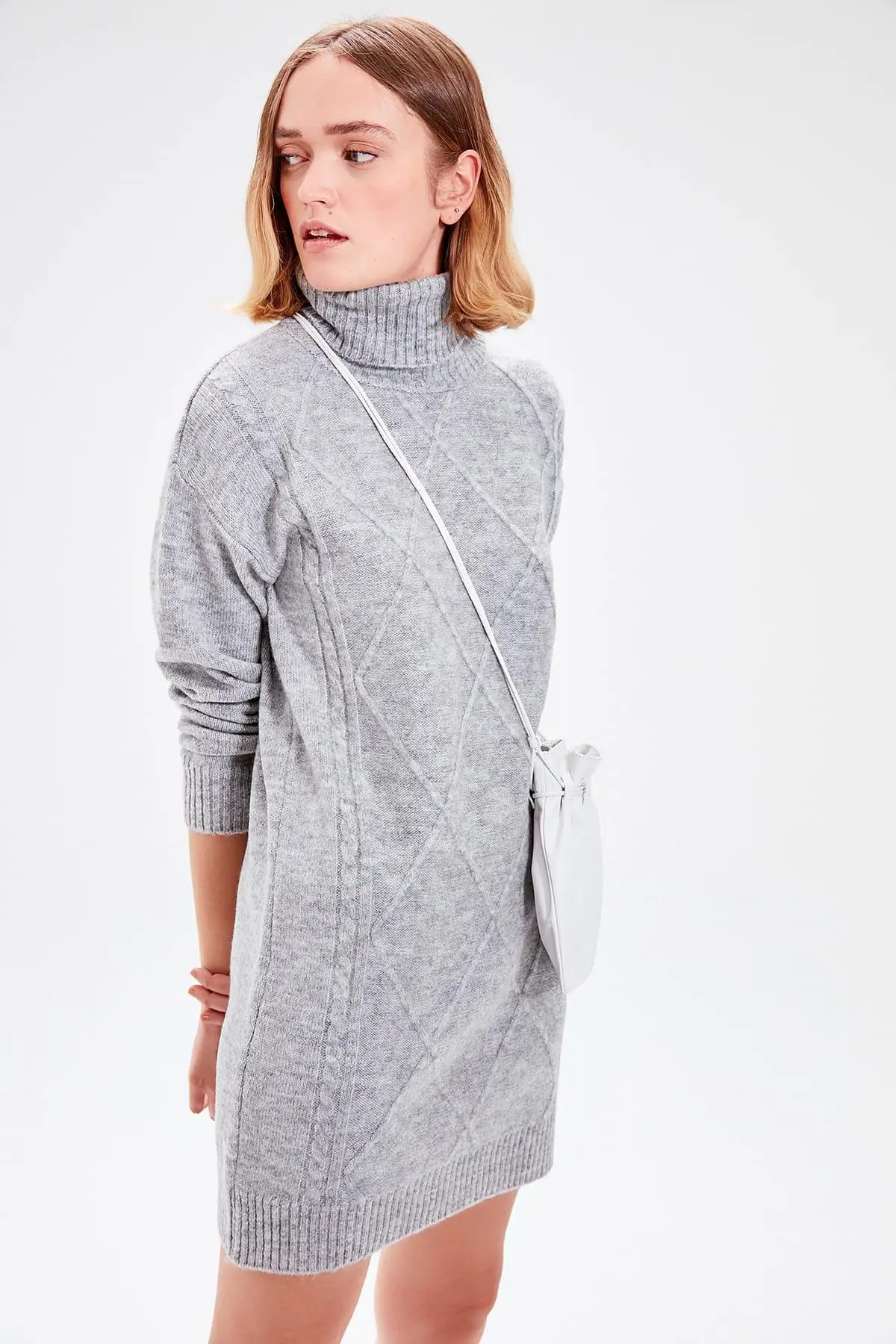 

Trendyol Gray Argyle Turtleneck Sweater Dress TWOAW20FV0108