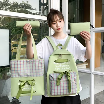 

4Pcs/Set Ribbon Chain Bowknot Letter Canvas Women Backpack Travel Leisure Backpacks For Teenage Girls School Bagpack