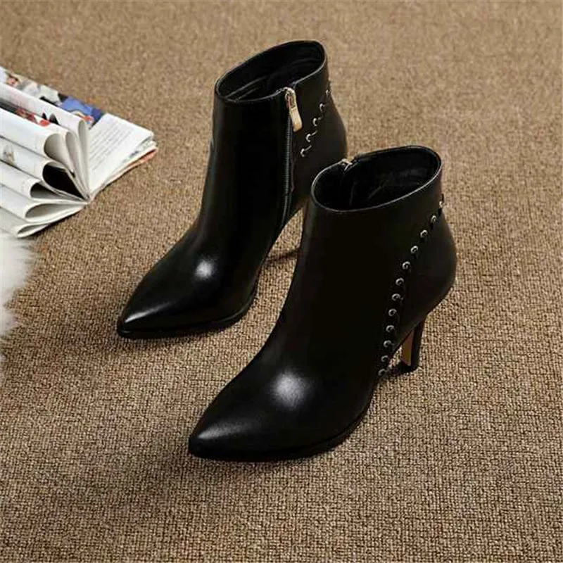 Women Boots Scarpe Donna Zipper Botas Rivet Ladies Shoes High Heel Female Shoes Pointed Toe Botas Mujer Zipper Fine Heel