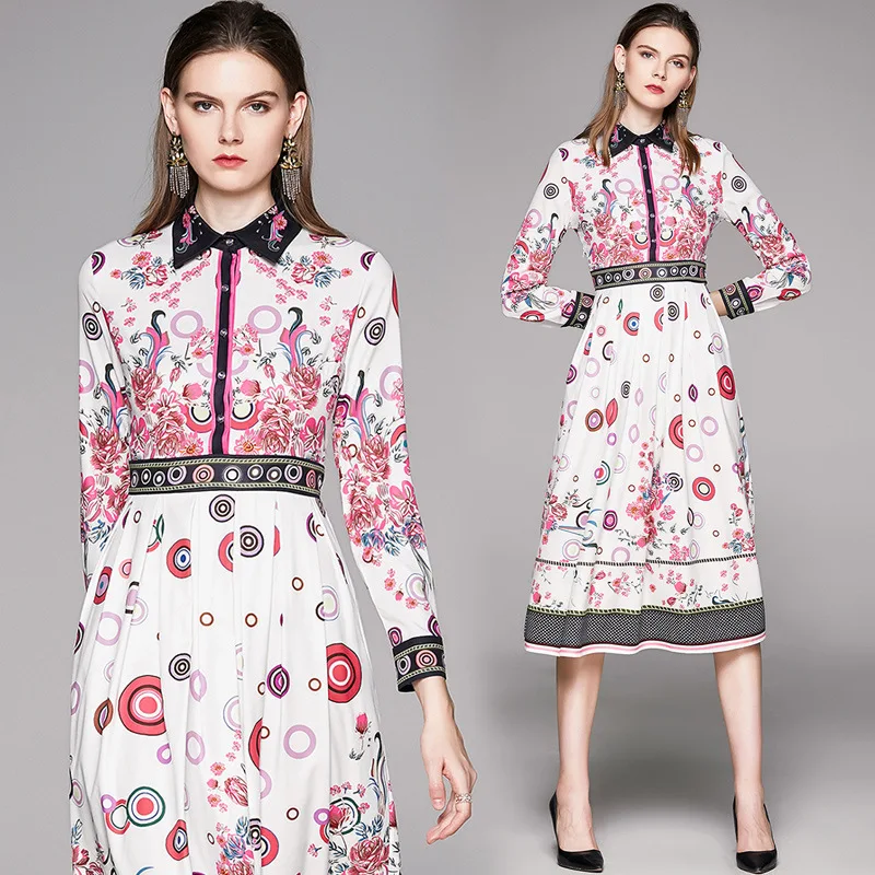 

Europe And America WOMEN'S Dress Hipster Floral-Print Fold-down Collar Long Sleeve Waist Hugging Slimming Elegant Dress