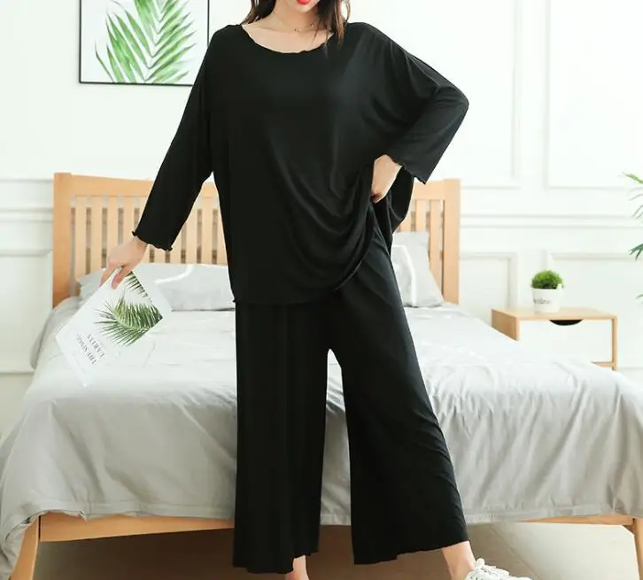 2020 PLUS  size home suits women autumn new loose long-sleeved pajamas two-piece set nine-point wide leg pants  loose