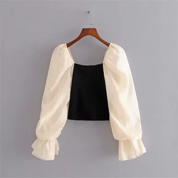 

2020 Summer Women's New French Square Collar Sleeve Puff Sleeve Slim Waist Knit Top Mesh Splicing Sleeve Knit Shirt