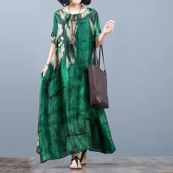 

2020 Spring and Summer National Style Large Size Women's Silk Loose Printed Dress Long Dress Suspenders Two Pieces Loose Robe
