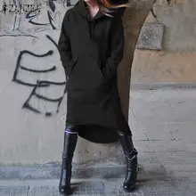 ZANZEA модные женские туфли толстовки кофты осень футболка с длинным рукавом и асимметричным подолом Длинные Vestido Повседневное пуловер с капюшоном, толстовка, платье