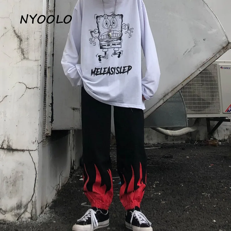 NYOOLO Harajuku дизайн пламя печати лоскутное jogger брюки осень уличная эластичная талия хип хоп брюки для женщин и мужчин