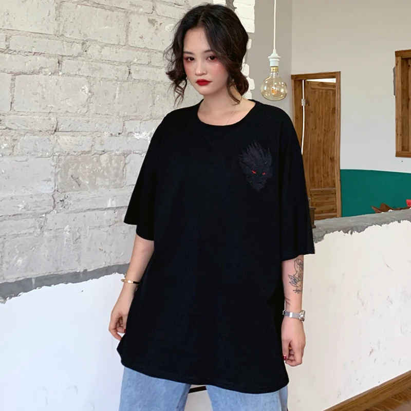Футболка Harajuku из хлопка, новая летняя футболка, женские свободные топы с круглым вырезом и короткими рукавами, футболка большого размера с вышитым рисунком