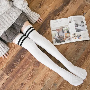 

Japanese Kawaii Black Striped Stockings Lolita Sox Girls Korean Thigh High Over The Knee Socks Women School Students Long Socks