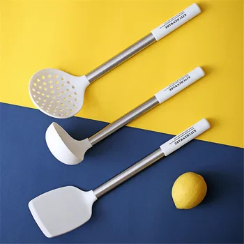 

White Silicone High Temperature Resistant Spoon Spatula Colander Stainless Steel Plastic Handle Kitchen Utensils