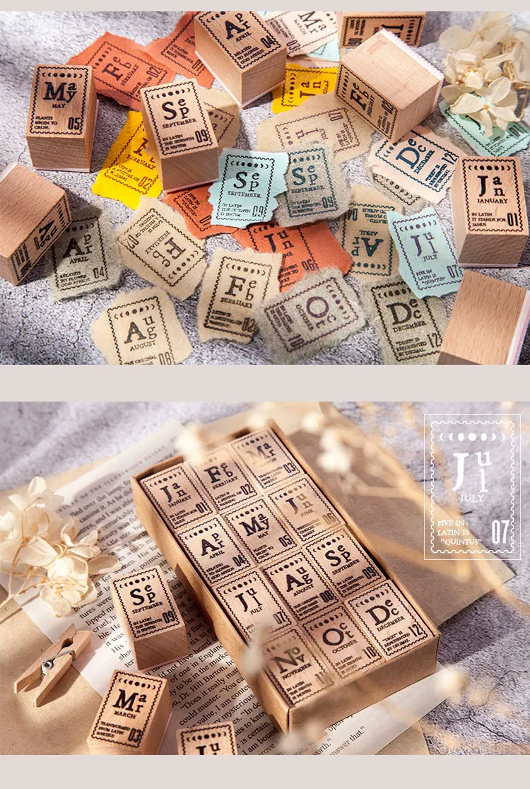 12Pcs/Set Vintage Month Schedule Decoration Stamp Wooden Rubber Stamps For Scrapbooking Stationery DIY Craft Standard Stamp