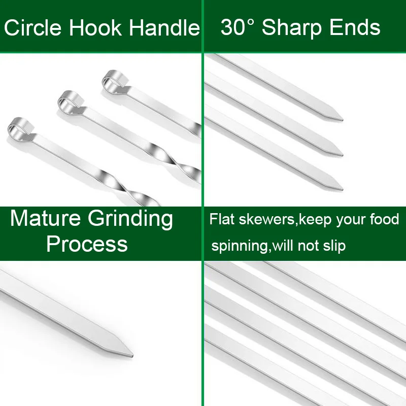 6pcs 45cm/17.7'' Stainless Steel Skewer BBQ Grilled Skewers Barbecue Shish Kabob Needle Fork w/Ring Tip Handle Barbeque Tools