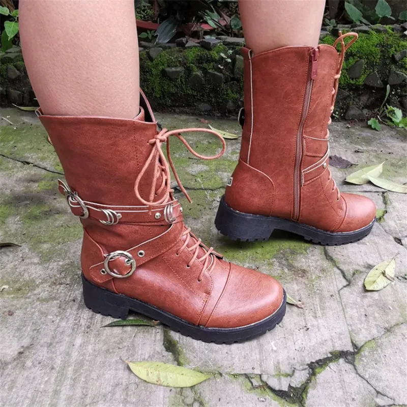 PXELENA Plus Size 34-43 Women Boots Mid Calf Low Heels Shoes Vintage Buckle Cross Strap Military Combat Biker Punk Bootie