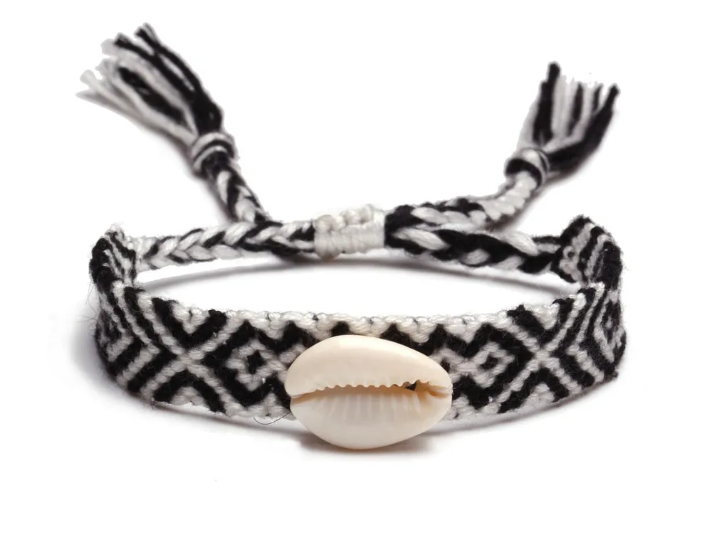 Boho Белый Натуральный Каури Seashell тканый браслет дружбы для женщин мужчин Разноцветные вышивка нить макраме пляж ювелирные изделия подарок