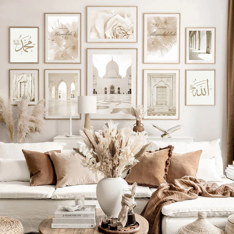 Póster Beige islámico para decoración de la habitación del hogar, lienzo con impresión de paisaje, lienzo para pared de la puerta de Marruecos, imagen Bohemia moderna