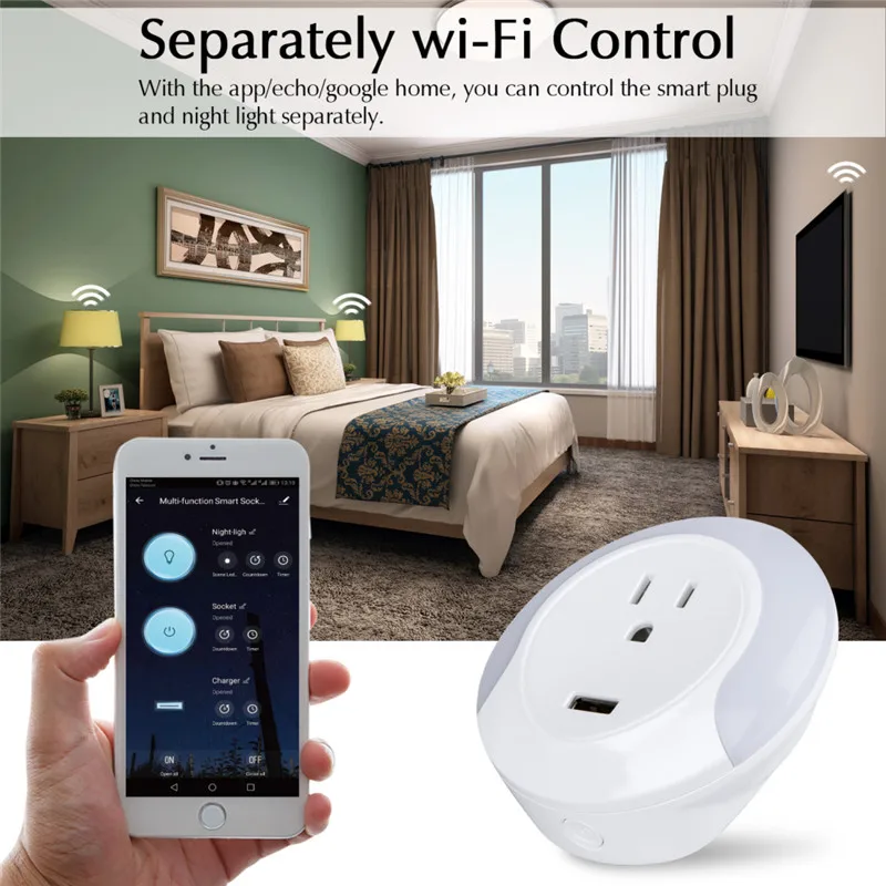 Мини WI-FI Smart Plug 2-в-1 светодиодный Ночной свет Смарт WI-FI розетка с зарядка через usb Порты и разъёмы интеллектуальное голосовое Управление переходник штепсельная вилка стандарта США