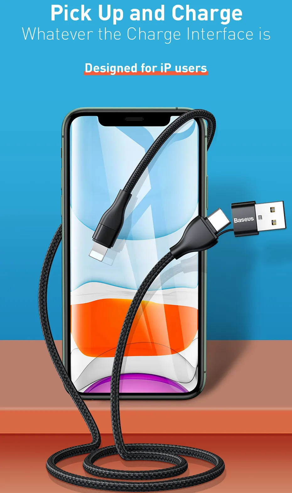 Baseus 2 в 1 usb type C кабель для iPhone 11 Pro Max iPhone Xr 10 Вт Быстрая зарядка USB C кабель type C для iP двойного зарядного устройства провод шнур