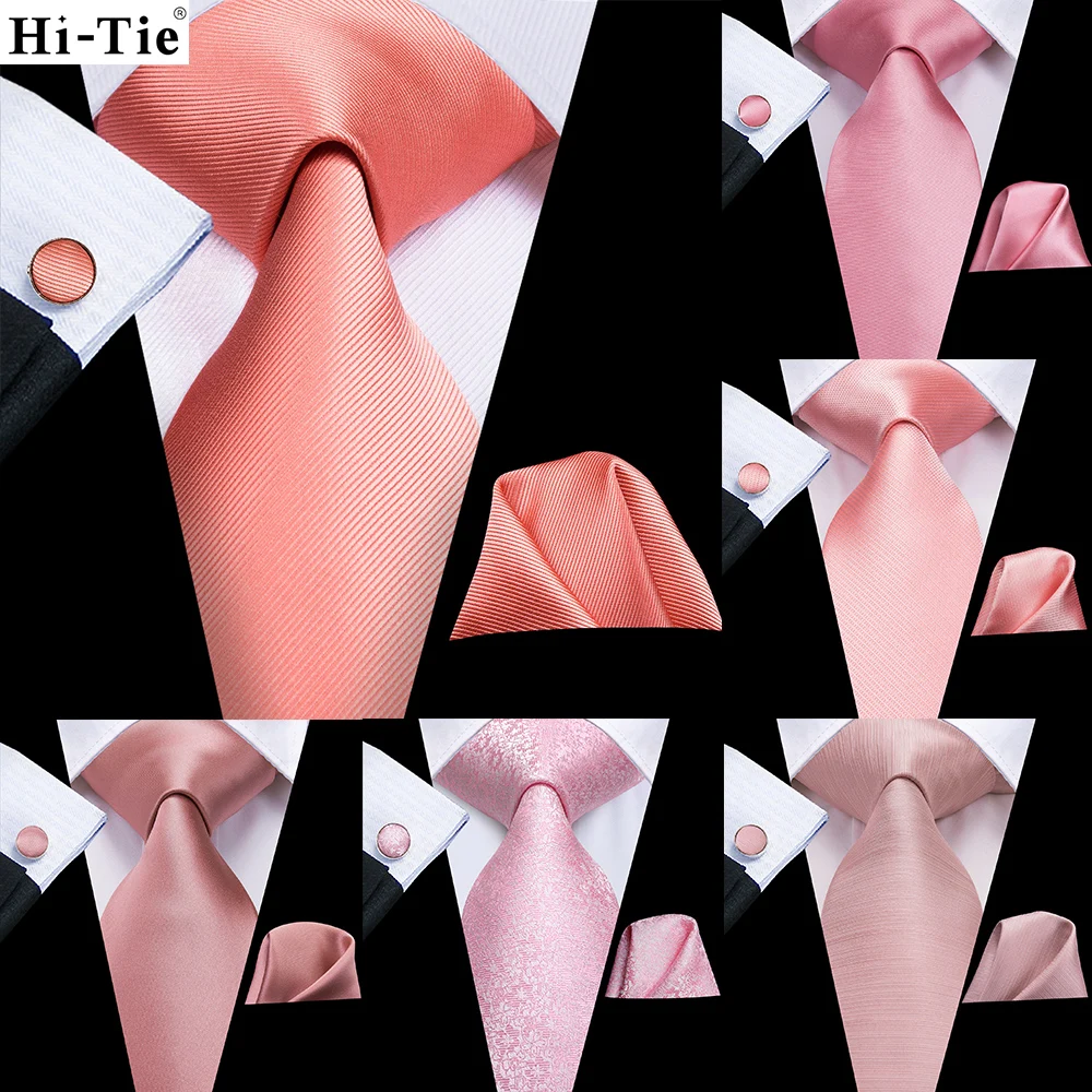 Hi-Tie Peach Pink Coral Solid Silk Wedding Tie For Men Mens Necktie Hanky Cufflink Fashion Design Business Party Dropshipping | Аксессуары