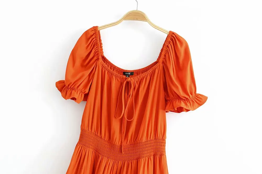 Solid Elegant Woman Mini Dress Square Collar Puff Sleeve Vintage Chic Vestidos Summer Casual High Waist Ladies Short Dress