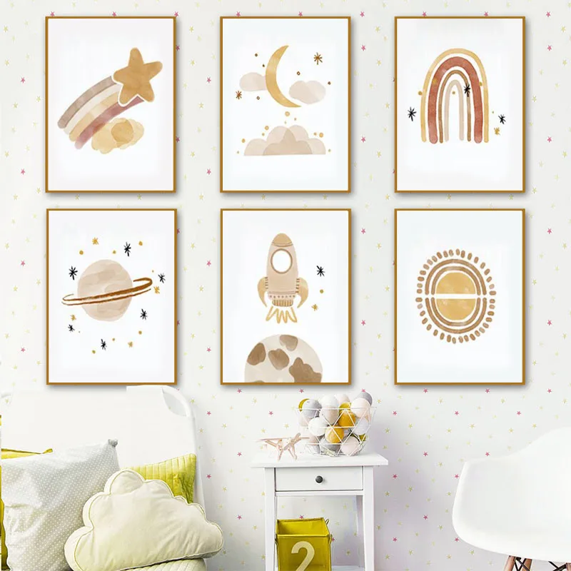 

Nursery Wall Art Sun Stars Moon Earth Posters and Prints Children's Room Decoration Cartoon Universe Picture for Kid Room Poster