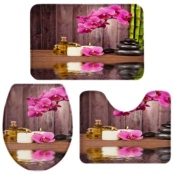 

3 Pieces Bathroom Set Spa Stone Flower Bamboo Bath Set Toilet Cover Mat Pedestal Rug Non-Slip Bathroom Rug Set
