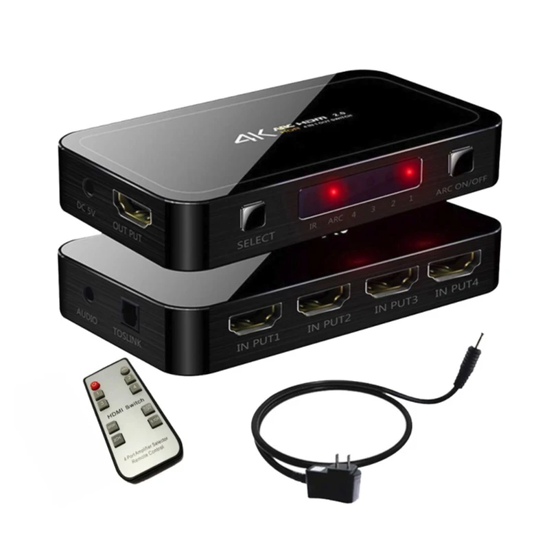 

UHD HDMI Switch 2.0 4K HDR 4x1 Adapter Switcher With Audio Extractor 3.5 Jack Optical Fiber Cable ARC Splitter For HDTV PS4