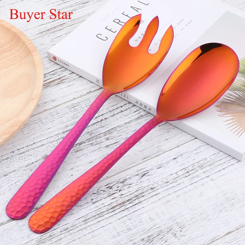 

1/2PCS Big Salad Spoon Fork Stainless Steel Rose Gold Large Salad Server Cutlery Flatware Long Serving Utensils Pasta Tools