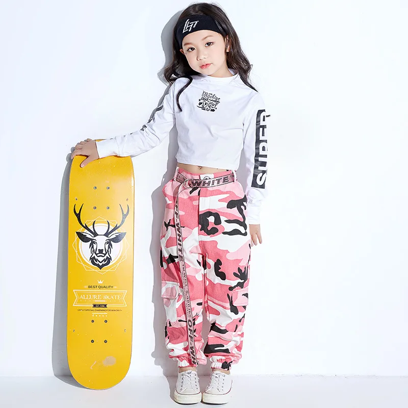 Джазовые костюмы для девочек, Детский комплект в стиле хип-хоп, осенние женские Джазовые свободные камуфляжные штаны в Корейском стиле для девочек